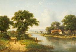 Walter Heath WILLIAMS (act.1841-c.1876) Landscape with traveller watching a fisherman at a river,