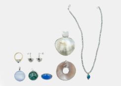 A selection of silver jewellery, and a gold-plated paste set cluster ring.