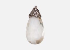 A briolette rock crystal pendant with leaf cast and pierced silver mount.