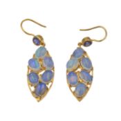A pair of 925 silver-gilt opal and sapphire set pendant earrings.