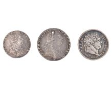 GB - George III silver 1787 shilling (holed), a 1787 sixpence, and an 1816 sixpence.