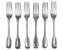 A set of six George III silver fiddle-patterned dessert forks.