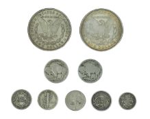USA - a collection of silver and nickel coinage, including 2 x Morgan dollars.