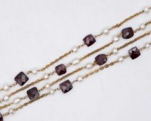 A silver-gilt cultured pearl and garnet bead neck chain.