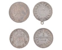 WORLD - Four silver coins, a Mexico 1886 8 reales, 3 x France 5 Franc coins, 1832, 1846, and 1868.