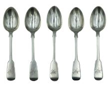 A selection of five George III and Victorian silver fiddle-patterned teaspoons.