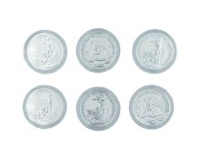 GB - Six .900 fine silver 1 ounce proof coins, including 4 x Britannia and 2 x Robin Hood coins.