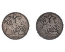GB - Two Victoria silver crown coins, 1889 and 1894.