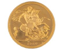 GB - A Queen Elizabeth II 1980 full sovereign proof gold coin, cased with certificate.
