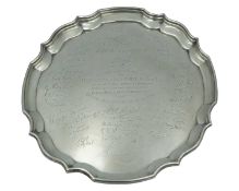 A large George VI silver salver, engraved with signatures.