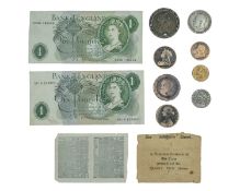 GB - pre-decimal coinage including a 'cartwheel' twopence (holed).