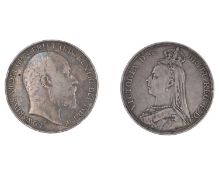 GB - A Victoria 1889 silver crown coin, and an Edward VII 1902 crown coin.