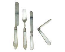 A set of Victorian silver Christening cutlery with mother-of-pearl handles by Hilliard & Thomason.
