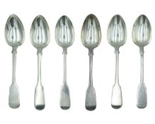 A set of six George III and Victoria fiddle-pattern dessert spoons.