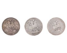 GB - A George III 1818 crown coin, and two George IV 1821 crown coins.