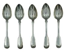 A set of five George III silver fiddle shell-patterned teaspoons.