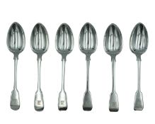 A set of six George III silver fiddle-patterned dessert spoons by William Chawner II.