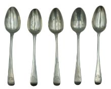 A selection of five George III silver Old-English pattern teaspoons.