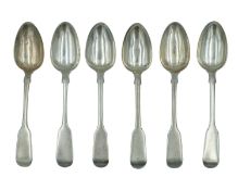 A set of six Victorian Scottish silver fiddle-pattern teaspoons by James McKay.