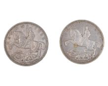 GB - two George V 1935 'rocking horse' .500 silver crown coins.