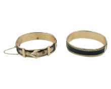 Two Victorian rose gold-covered metal-core hinged mourning bangles with black enamel.