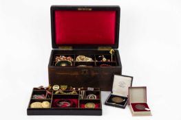 A Victorian velvet-lined leather jewellery box, including a little costume jewellery.