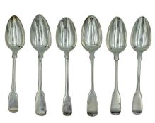 A set of George III and Victoria silver fiddle-pattern table spoons.