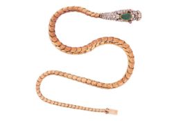 A Mid-Victorian gem-set serpent necklace, comprising tapering flexible links, both ends terminate wi