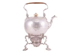 A George II silver spirit kettle on stand, by Edward Vincent, London 1738, of globular form with a l