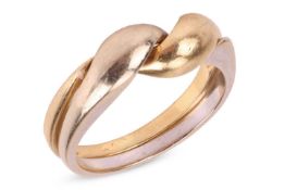 A two-tone interlocking dress ring, comprising two interlocking rings of yellow and white metal band