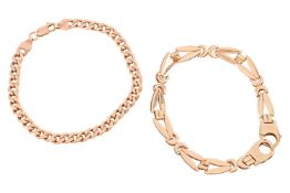 Two 9ct gold chain bracelets; to include a fancy hinged-link chain with a lobster clasp, 19.0 cm in 
