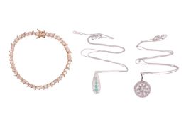 A small group of jewellery items comprising a CZ-set line bracelet, in yellow metal marked ‘925’, to