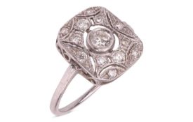 An Art Deco style panel ring, centrally-set with a bezel-set round brilliant diamond, within a diamo