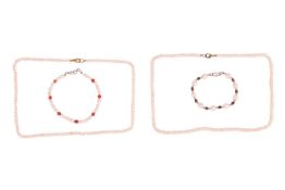 A small group of pearl jewellery items, comprising a coral and cultured pearl bracelet, a pearl and 