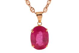 A large synthetic ruby pendant on chain, featuring a large oval-cut synthetic ruby of 18.0 x 13.5 x 