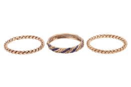 Three stacking rings; to include a 9ct gold twisted rope ring, with British assay mark, size S; a ma