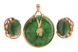 A jadeite pendant and a pair of earrings; the pendant set featuring a round jade bi disc, in a confo