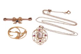 A small group of jewellery items; including an Edwardian moonstone and ruby pendant on chain, of scr