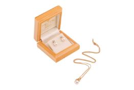 A cultured pearl and diamond necklace and a pair of cultured pearl and diamond earrings; the necklac
