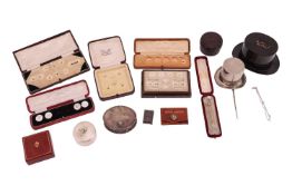 A collection of gentlemen's accessories and stick pins, including a cased fox and hunting motif stic