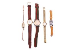 A group of five watches; The first a Longines gold-filled watch, reference 9899520, the 14mm x 22mm 