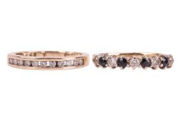 Two rings; comprising a diamond channel-set half eternity ring, in unmarked yellow metal surface tes