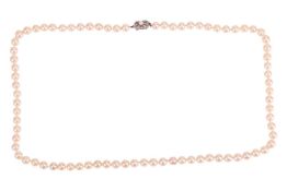 A single-strand cultured pearl necklace, comprising round cultured pearls of 6.7mm, hand-knotted to 