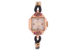 Norman – A Gem-set Cocktail Watch Bezel: Smooth, Claw-set with six rubies Case Material: Rose Metal 