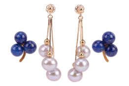 Two pairs of earrings; to include a pair of tassel earrings with cultured pearl drops, on fine serpe