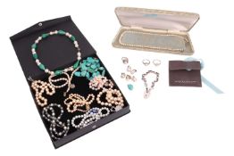 A quantity of white metal and costume jewellery; to include a cultured pearl necklace with clasp sta