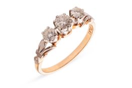 A diamond trilogy ring, claw-set with three graduated round brilliant-cut diamonds, between fleur-de