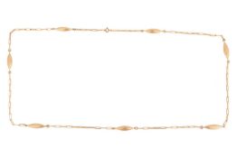 A long fancy link necklace, comprising a series of flat elongated cable links, with navette-shaped f
