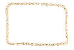 A long heavy anchor link chain, fastened with lobster clasp, stamped '18ct', link width 9.0 mm, over