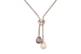 A double pearl lariat necklace, composed of pocorn link chain, with two cultured pearls at each term